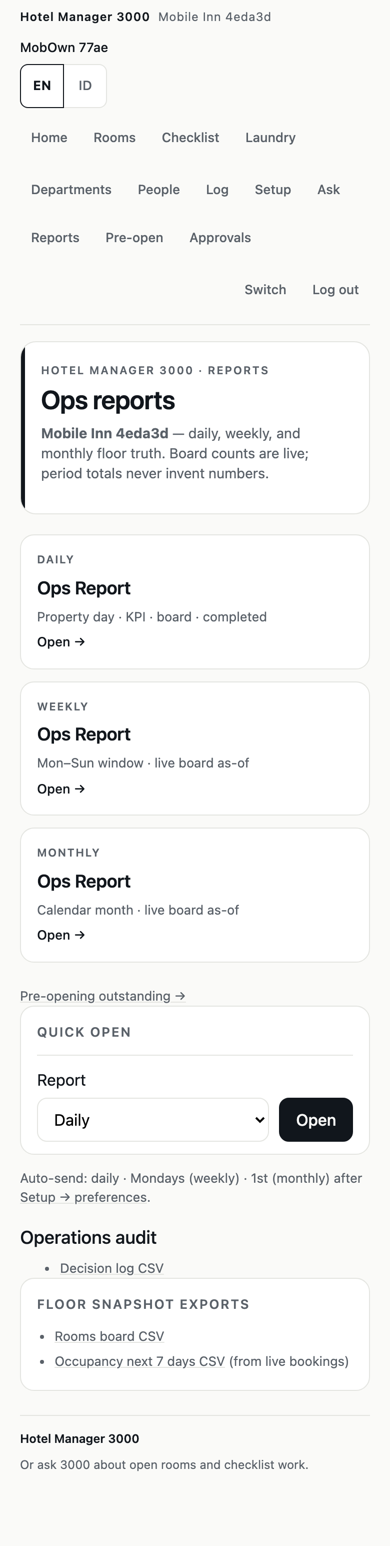 Daily ops report with dirty and sellable room counts